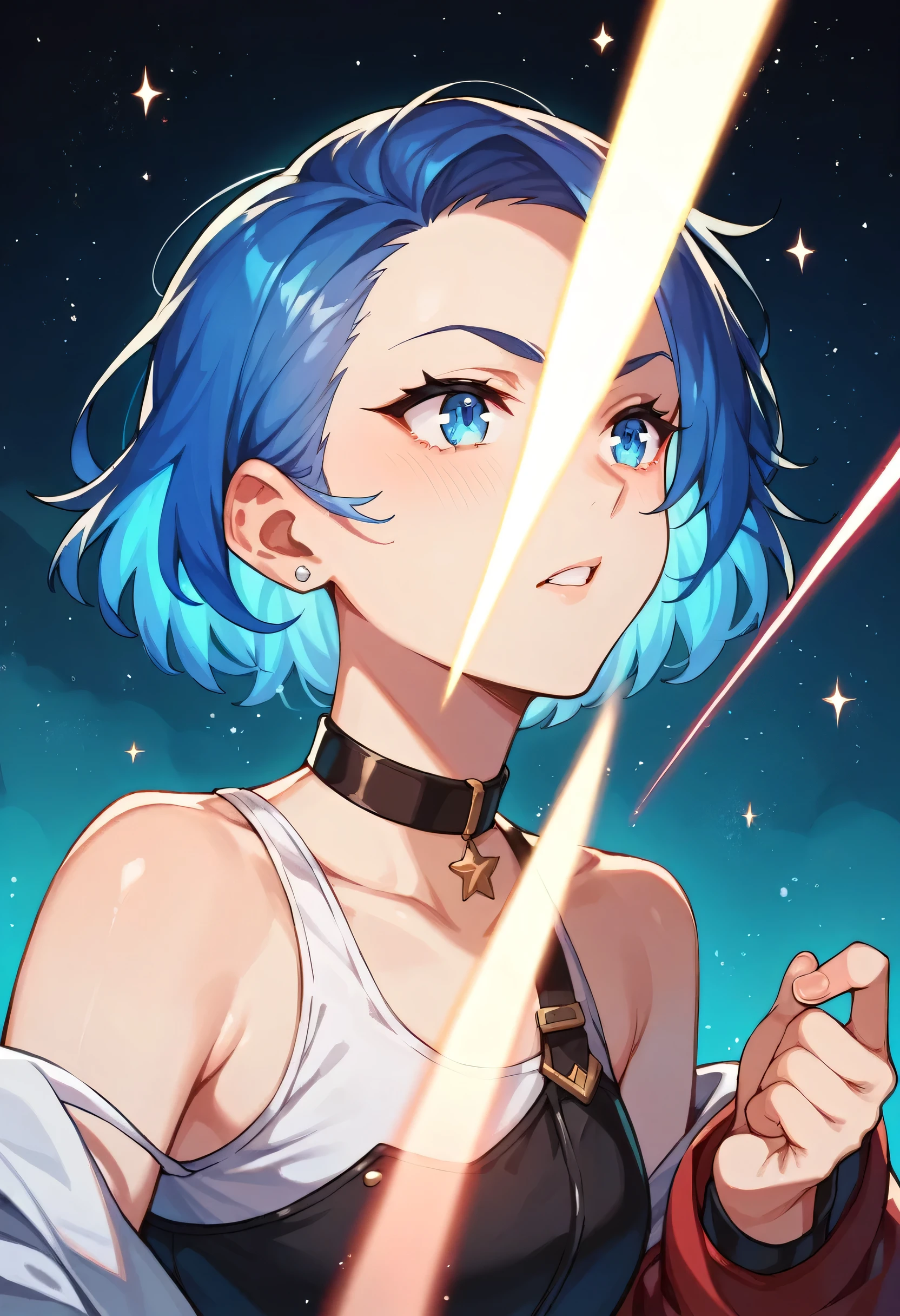 a girl with pale sky blue hair, sparkling blue eyes, blasting bright blue energy beam from her hands, laser beams, stars