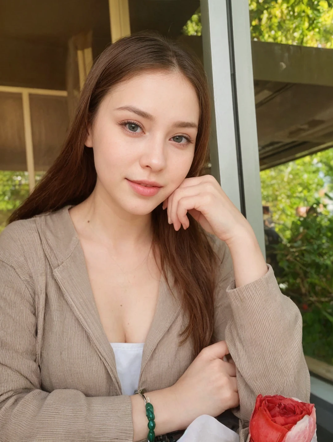((best quality)), ((masterpiece)), (detailed),(purple eyes), ((field of flowers)), perfect face, happy young woman, beautiful young woman, young woman tucking her hair behind her ear, laughing, happy, smile, wholesome, daisy behind ear, hair tucked behind her ear, long plaited hair, long perfect hair, slight blush, ((green eyes)), ethereal eyes, big eyes, blonde hair, detailed eyes, perfect iris, perfect eyes, symmetrical eyes, symmetrical face, happy on a field of flowers