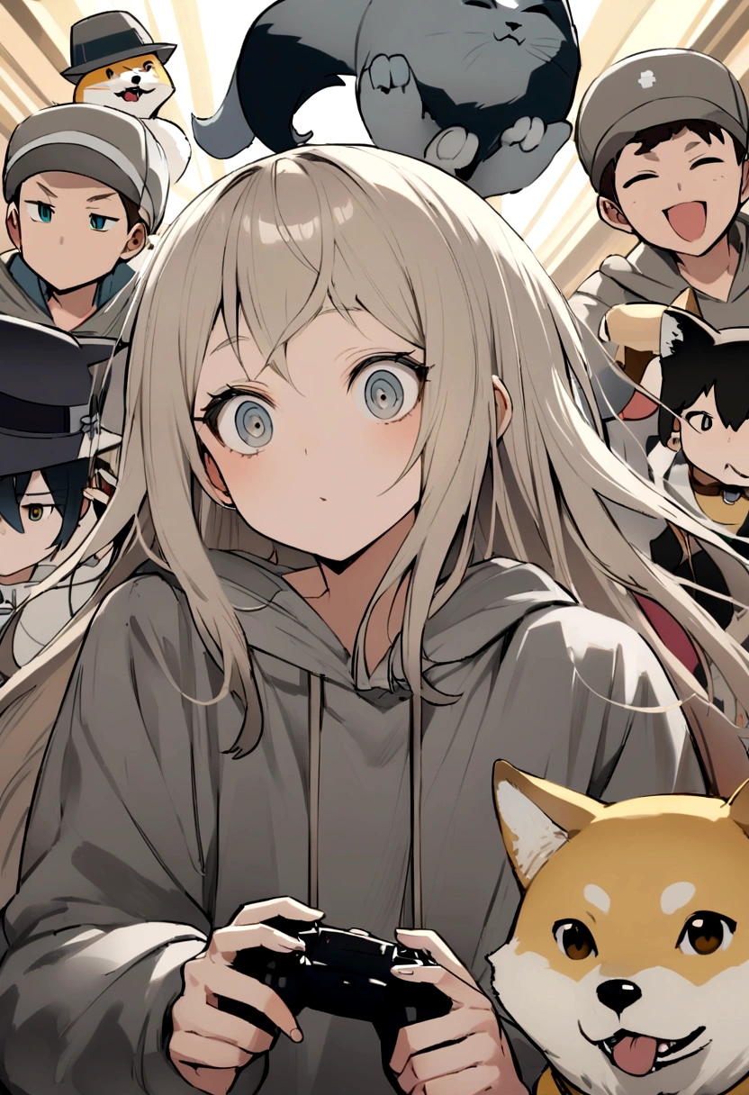 Wolf Hair、Big eyes、look at me、Long eyeliner、I like Shiba Inu, Cat, Have a game controller.、He is wearing a gray hoodie and a gray hat....Beige long hair。