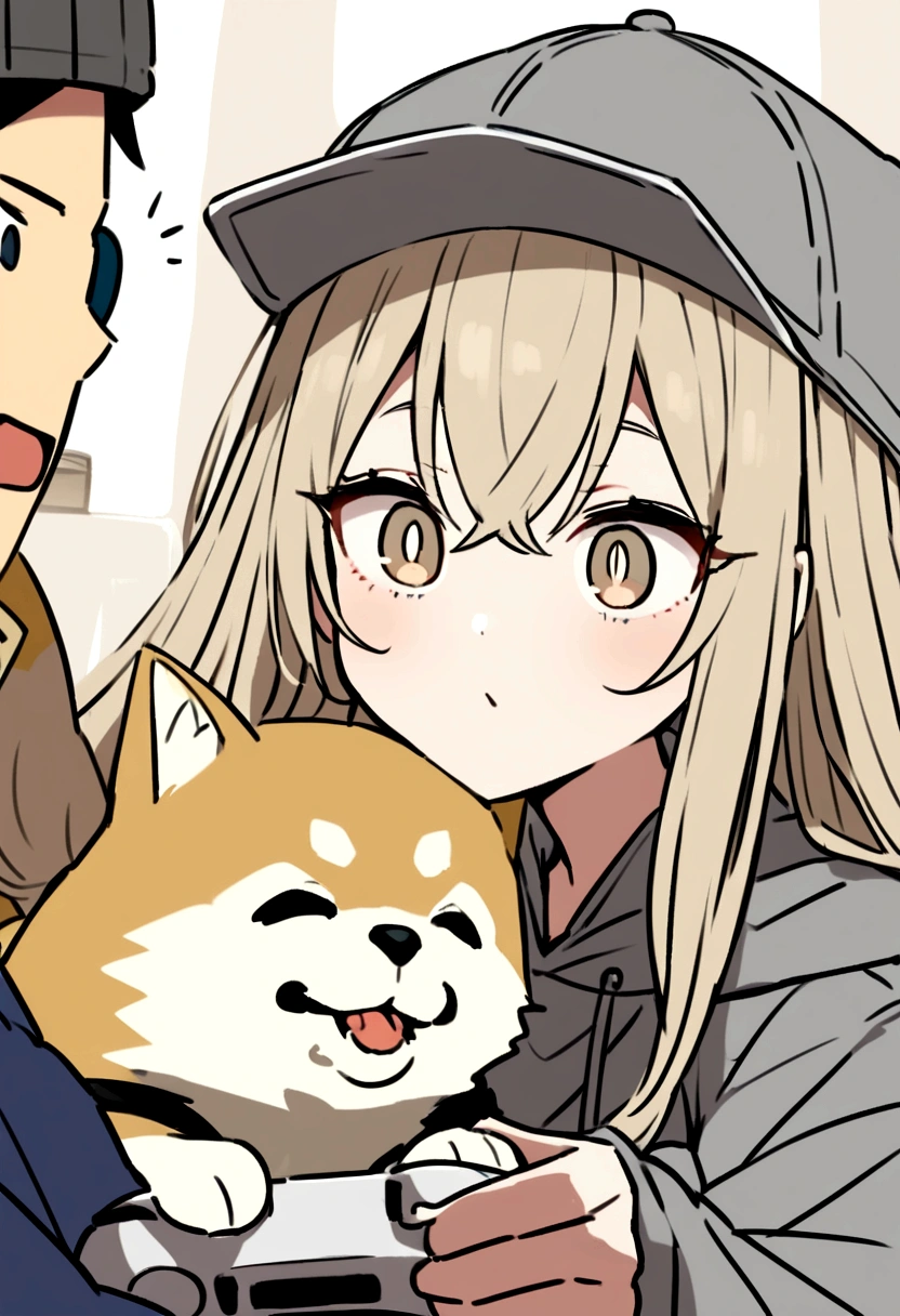 Wolf Hair、Big eyes、look at me、Long eyeliner、I like Shiba Inu, Cat, Have a game controller.、He is wearing a gray hoodie and a gray hat....Beige long hair。