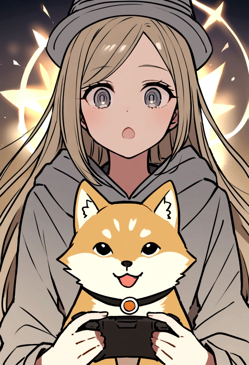 Wolf Hair、Big eyes、look at me、Long eyeliner、I like Shiba Inu, Cat, Have a game controller.、He is wearing a gray hoodie and a gray hat....Beige long hair。