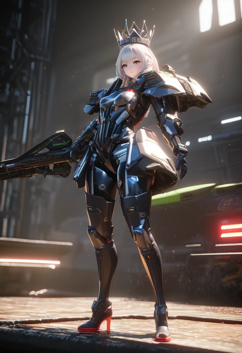 (best quality)), ((masterpiece)), (Very detailed: 1.3), 3d, Mech Master, Beautiful cyberpunk woman wearing a crown, Comes with chef-style armor, sci-fi tech, Human Development Report (High Dynamic Range), Ray Tracing, nvidia RTX, Super Resolution, Unreal 5, Subsurface scattering, PBR Textures, Post-Processing, Anisotropic filtering, Depth of Field, Maximum Acutance and Acutance, Multi-layered textures, Specular and albedo mapping, Surface Shading, Accurately simulate the interaction of light and matter, Perfect proportion, Octane Rendering, Two-tone lighting, Low ISO, red balance, Rule of Thirds, Large aperture, 8K Native, High-efficiency sub-pixel, Sub-pixel convolution, Light Particles, Light Scattering, Tyndall effect, Very sexy, whole body, Fighting Stance, Silver braided hair,