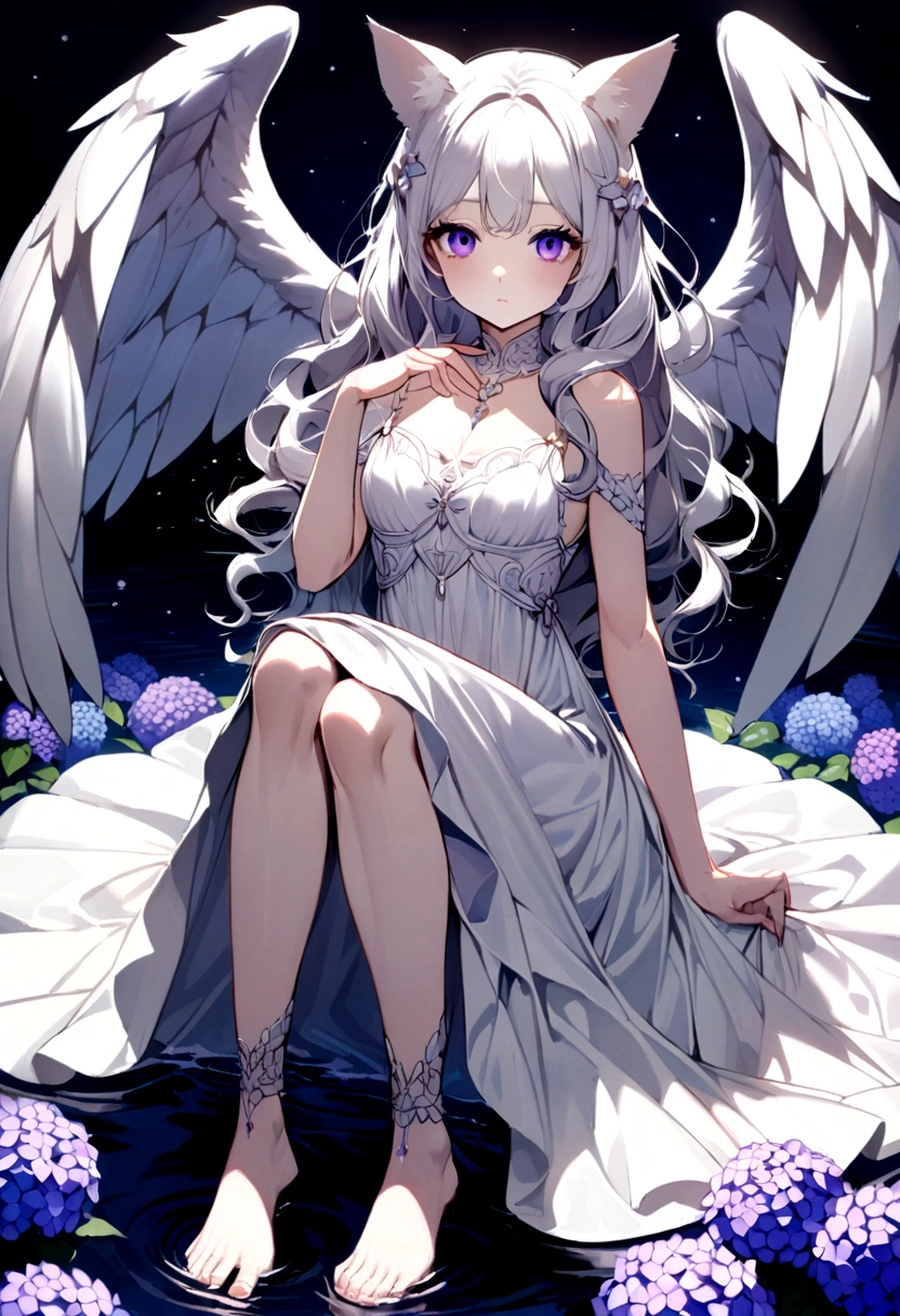 A delicate and elegant girl, Long wavy hair that reaches the knees,White hair is very attractive.., Detailed and precise manual work, Attractive girl, White cat ears, look at me, Purple eyes and white eyelashes,Her cheeks turned red,Big angel wings,On the water, A subject that stands out against the dark night sky,A lot of hydrangea, White Dress, Dramatic moonlight that makes your subject stand out, barefoot,Ankle decoration,Woman sitting on the ground。