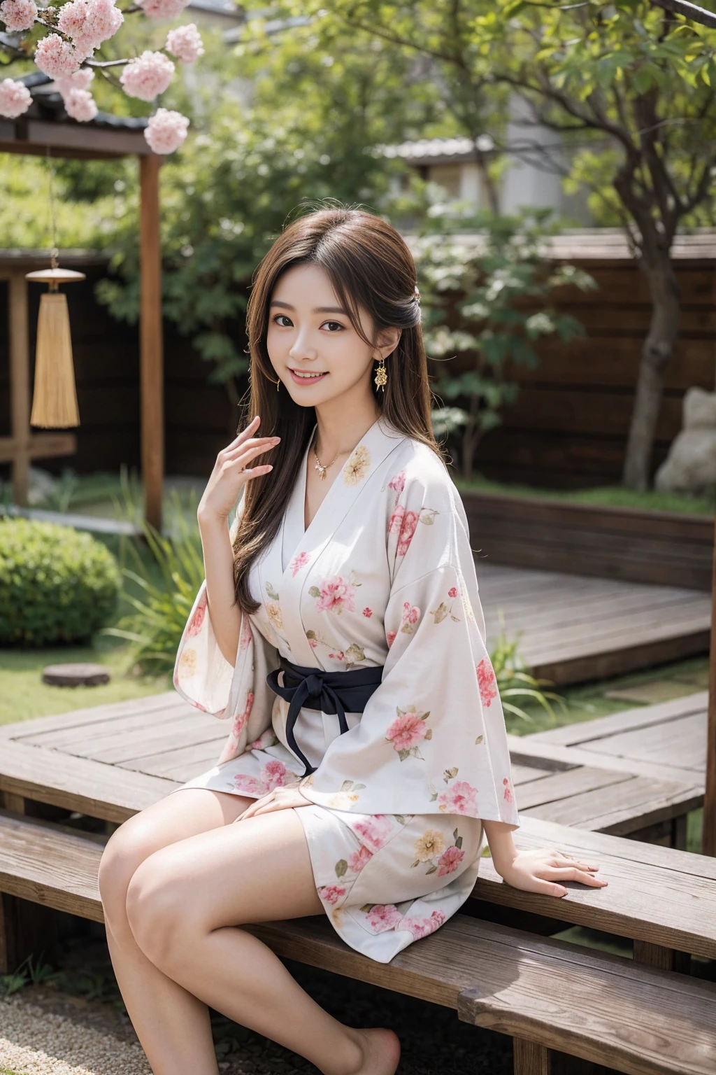 Highest quality,8K, Detailed facial depiction, Detailed description of the eyes,One Woman, Light brown hair(Medium-long hair),Beautiful Japanese Girl,24-years-old,Cute eyes,Cute Smile,Yukata beauty,Golden floral yukata,Slender body, Large, plump breast size, Long and beautiful legs,Smiling, Colorful earrings,necklace,Are standing,Beautiful nape,Japan tatami room,Sitting upright,Dry landscape garden,wind chimes
