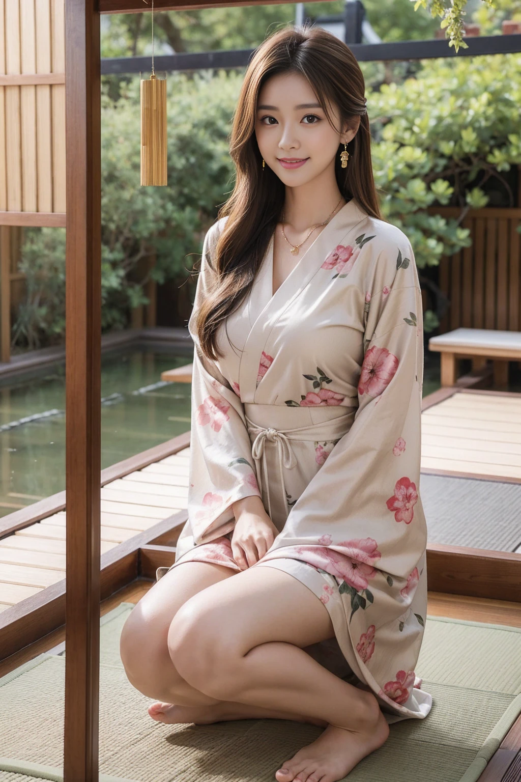 Highest quality,8K, Detailed facial depiction, Detailed description of the eyes,One Woman, Light brown hair(Medium-long hair),Beautiful Japanese Girl,24-years-old,Cute eyes,Cute Smile,Yukata beauty,Golden floral yukata,Slender body, Large, plump breast size, Long and beautiful legs,Smiling, Colorful earrings,necklace,Are standing,Beautiful nape,Japan tatami room,Sitting upright,Dry landscape garden,wind chimes