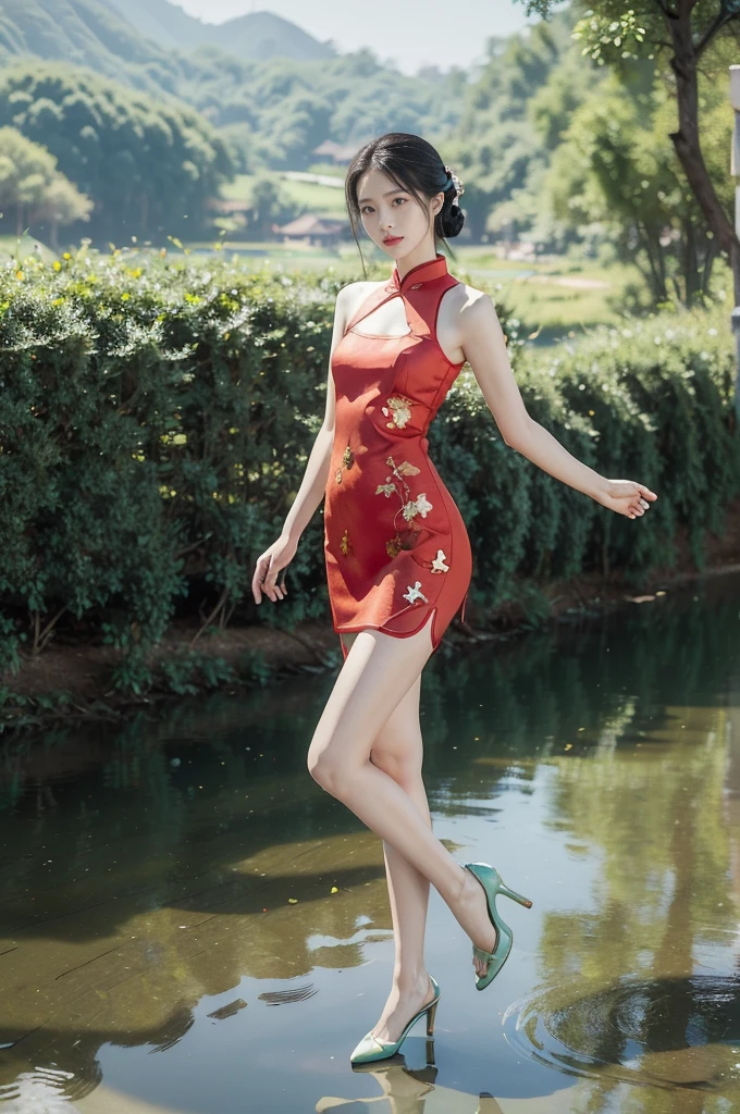 (((best quality))),(((ultra detailed))),(((masterpiece))),illustration,1 beautiful girl,slim,flat chest,short red qipao,bare arms,slender legs,pantyhose,green paddy pool,standing,in water,elegant, high heels, clear sky, sunlight, dreamy, contrast, natural,Chinese rural landscape