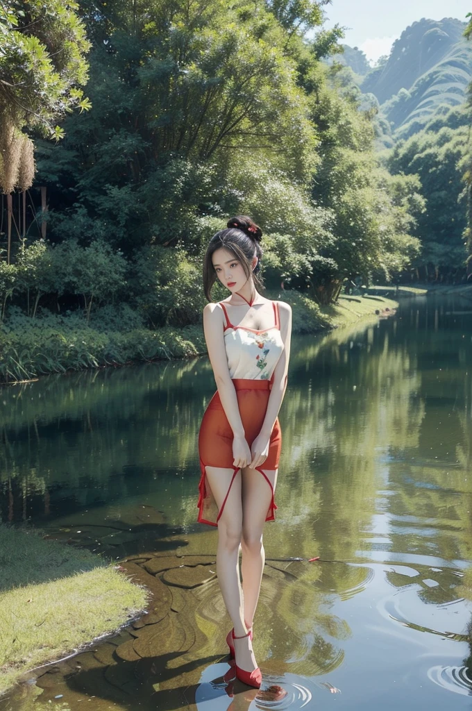(((best quality))),(((ultra detailed))),(((masterpiece))),illustration,1 beautiful girl,slim,flat chest,short red qipao,bare arms,slender legs,pantyhose,green paddy pool,standing,in water,elegant, high heels, clear sky, sunlight, dreamy, contrast, natural,Chinese rural landscape