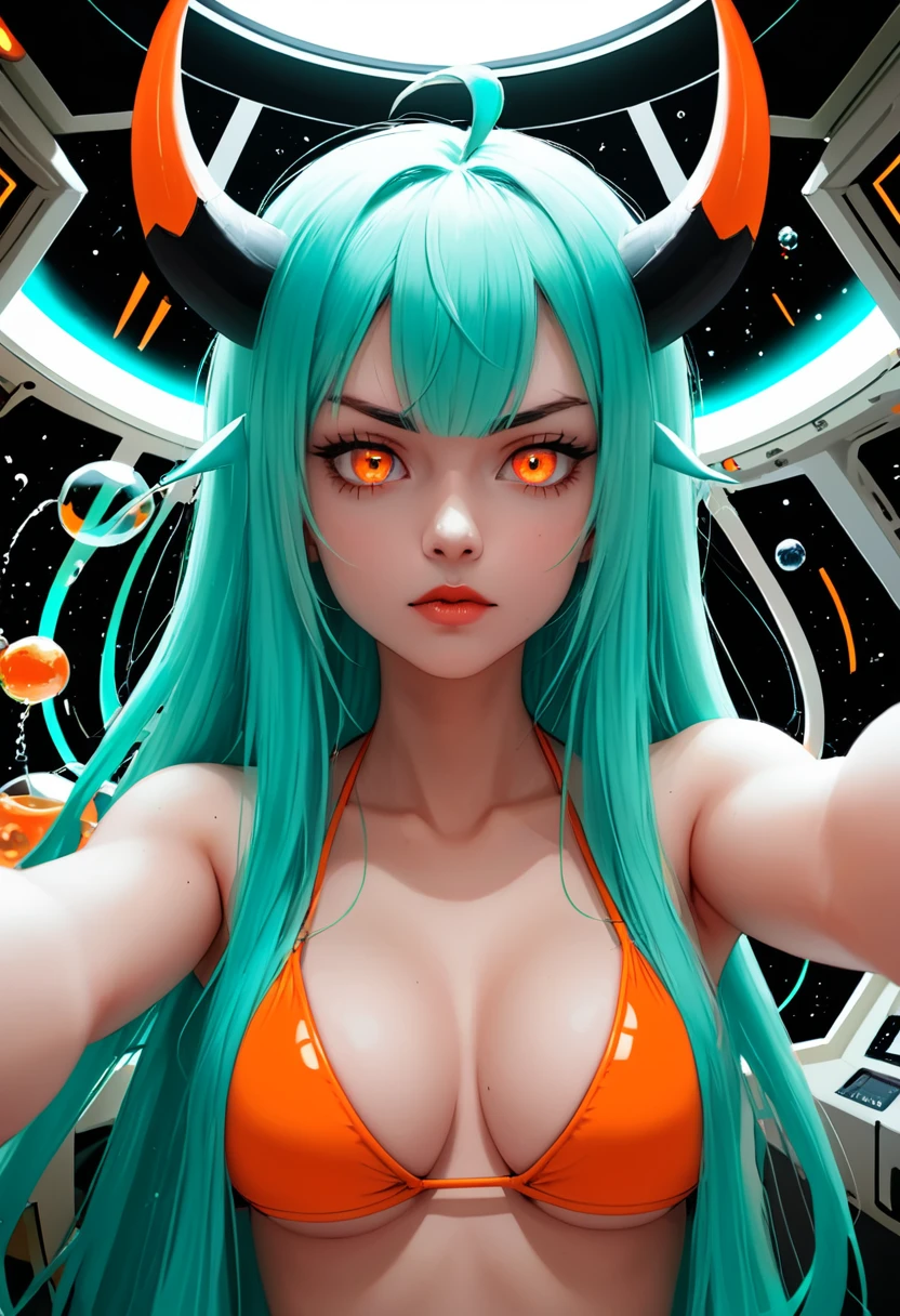 score_9, score_8_up, score_7_up,1 daemon woman, straight demon horns, (black horns),(upward-pointing horns) , vertical horns, black demon tail, (aquamarine hair),aquamarine green color hair,ahoge, long hair, (long hair),bangs, light orange bikini,bikini is orange, bikini orange, orange bikini!, (orange eyes), background is spaceship, orange eyes, 1woman ,facing viewer, daemon girl, bubbles, tube, close up,Well-endowed, alone,Spacecraft interior