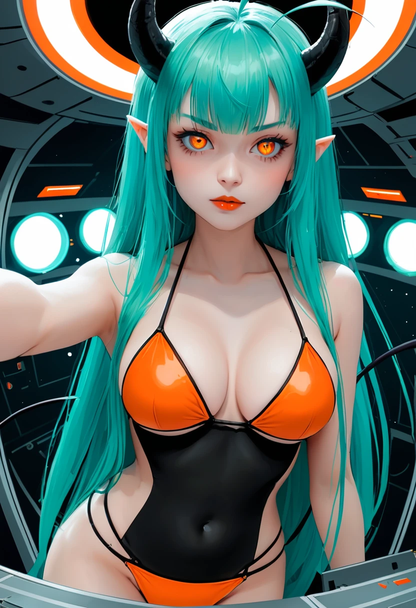 score_9, score_8_up, score_7_up,1 daemon woman, straight demon horns, (black horns),(upward-pointing horns) , vertical horns, black demon tail, (aquamarine hair),aquamarine green color hair,ahoge, long hair, (long hair),bangs, light orange bikini,bikini is orange, bikini orange, orange bikini!, (orange eyes), background is spaceship, orange eyes, 1woman ,facing viewer, daemon girl, bubbles, tube, close up,Well-endowed, alone,Spacecraft interior