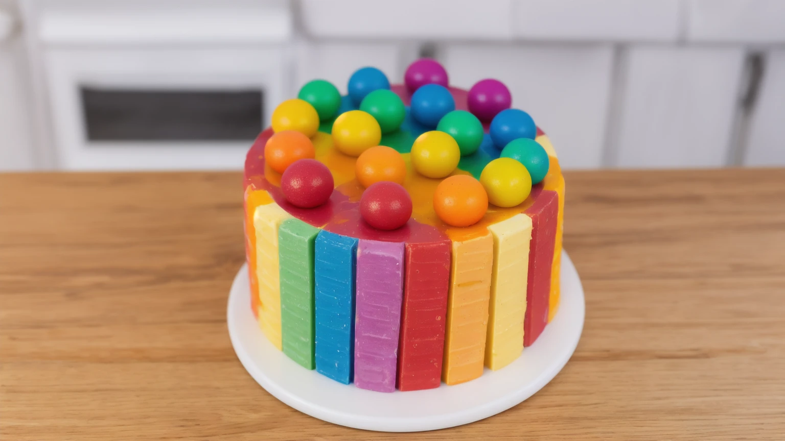 on a wooden table, on a white porcelain plate, a tiny cake, the walls of the cake are made of multi-colored chocolate bars, on top are multi-colored cream stripes, multi-colored candies in the form of balls, realistic texture, realistic style, detailed texture, high quality, high resolution, high quality rendering, realistic photo, brightning light, macro photo, ultra hd 4k