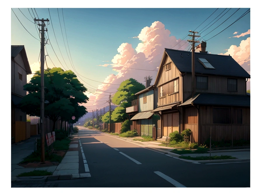 There is a painting,The picture shows a road full of wires and poles., Anime rural scenery, Anime Background艺术, Anime Landscape, Very detailed illustrations.”, Anime style cityscape, Makoto Shinkai's style, Anime Background, Anime Landscapes, Shinkai Makoto style, Drawing in anime painter studio, 美丽的Anime Landscape, Anime Landscape concept art, Low Detail. number