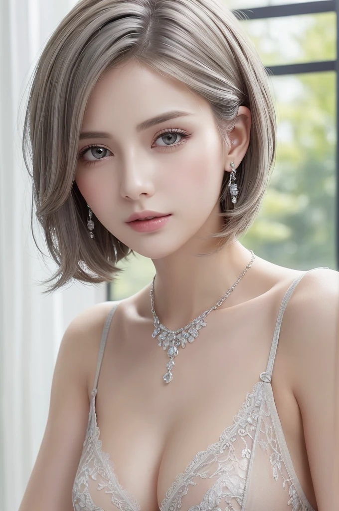 gray lace thong&Good, (((Very elegant and beautiful, Perfect detail, Super detailed))), whole body, The most detailed girl, Depth of written boundary, 美しく詳細なwhole body, Thin legs, 1 girl, 30 years old, Very short hair, Spiked Hair, Gray and silver hair, Beautiful detailed hair, Perfect Face, Expressionless, Beautifully detailed deep eyes, Open your mouth a little, Delicate arms and hands, Pale skin, Earrings, Beautiful and gorgeous necklace, Colorful background, HD background, Blurred Background, Very delicate and beautiful, Masterpiece, (((Highest quality, Very beautiful 8K CG wallpaper))), (((Trendy hairstyles))), (Inside the room,Stylish interior,window),