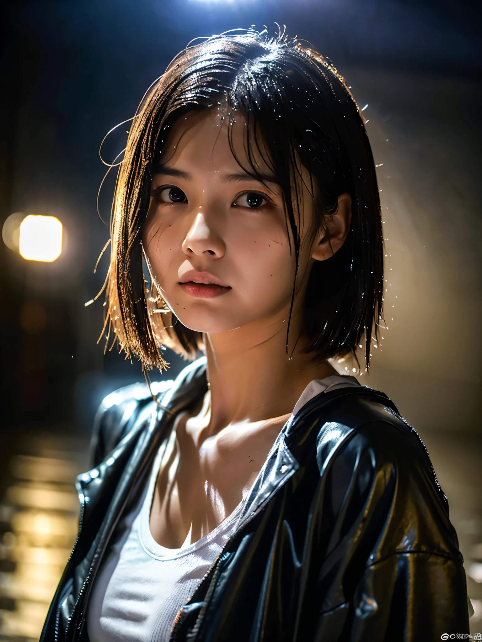 Wet roads ,drenched, Dripping, Wet Face,Wet clothes, Wet Skin, Wet Hair,A young woman with a cute face like an idol,chest,((Daytime)),(Cinema lighting),(Natural light),(High level of artistry),(Artistic),RAW Photos,Genuine,Genuine,High resolution,RAW Photos,masterpiece, beautiful