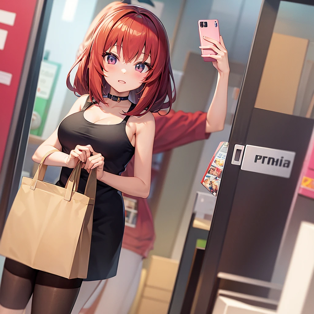 Fish eye filter An anime girl taking a selfie with a while in a store
