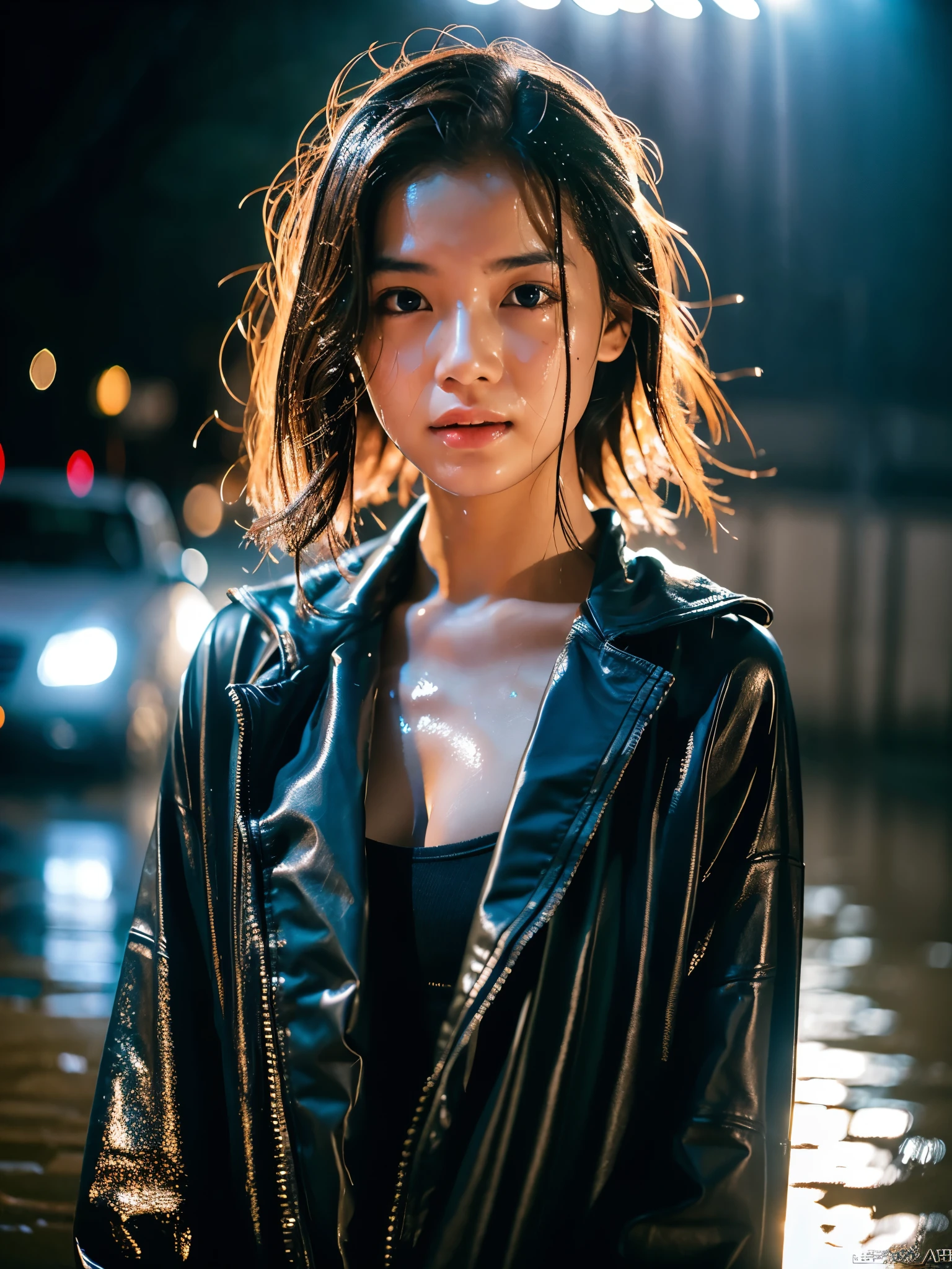 Wet roads ,drenched, Dripping, Wet Face,Wet clothes, Wet Skin, Wet Hair,A young woman with a cute face like an idol,chest,((Daytime)),(Cinema lighting),(Natural light),(High level of artistry),(Artistic),RAW Photos,Genuine,Genuine,High resolution,RAW Photos,masterpiece, beautiful