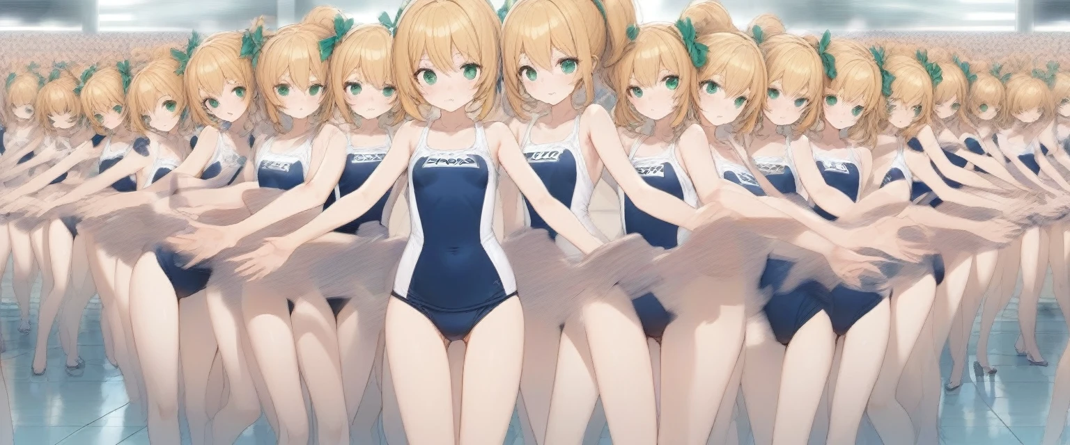 Short stature,flat chest,clone girls,extremely number of clone girls, blond hair, green eyes,roll(mega man classic),swimsuit roll(mega man x dive old design),high ponytail hair,Sleeveless navy one piece old type school swimsuit with white stripes from armpit to flank,white name tag, navy heeled sandals, green ribbon,human appearance,same height,same appearance, same face,fill the entire image, absolutely everyone, many clone, masterpiece, best quality,insanely detailed, 20000+ clone girls, perfect features,multiple clone girls,same school swimsuit,same hair,official art,girls only,extremely full of extremely crammed,huge crowd,densely packed