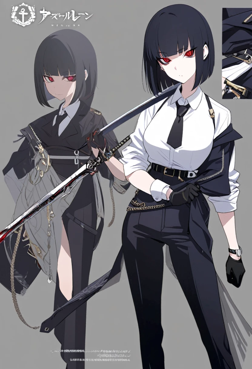 One woman,Dynamic,whole body,Are standing,mysterious,Concept Art,Character Design,Jet black straight hair,The bangs are trimmed to accentuate the eyes.,Well-proportioned face,Sharp Eyes,White shirt,Black tie,Black slacks,Silver cufflinks on the left hand,On the ring finger of her right hand she wears a simple silver ring.。Luxury watches,Black leather shoes,beltでウエストラインを強調,Stylish,Red eyes,belt,Stylish,Simple background gray,Details,Okabo Hair,Half-open eyes,Cool appearance,,Black gloves,Short Hair,Narrow eyes,Accentuated body lines,Has a sword on his waist,