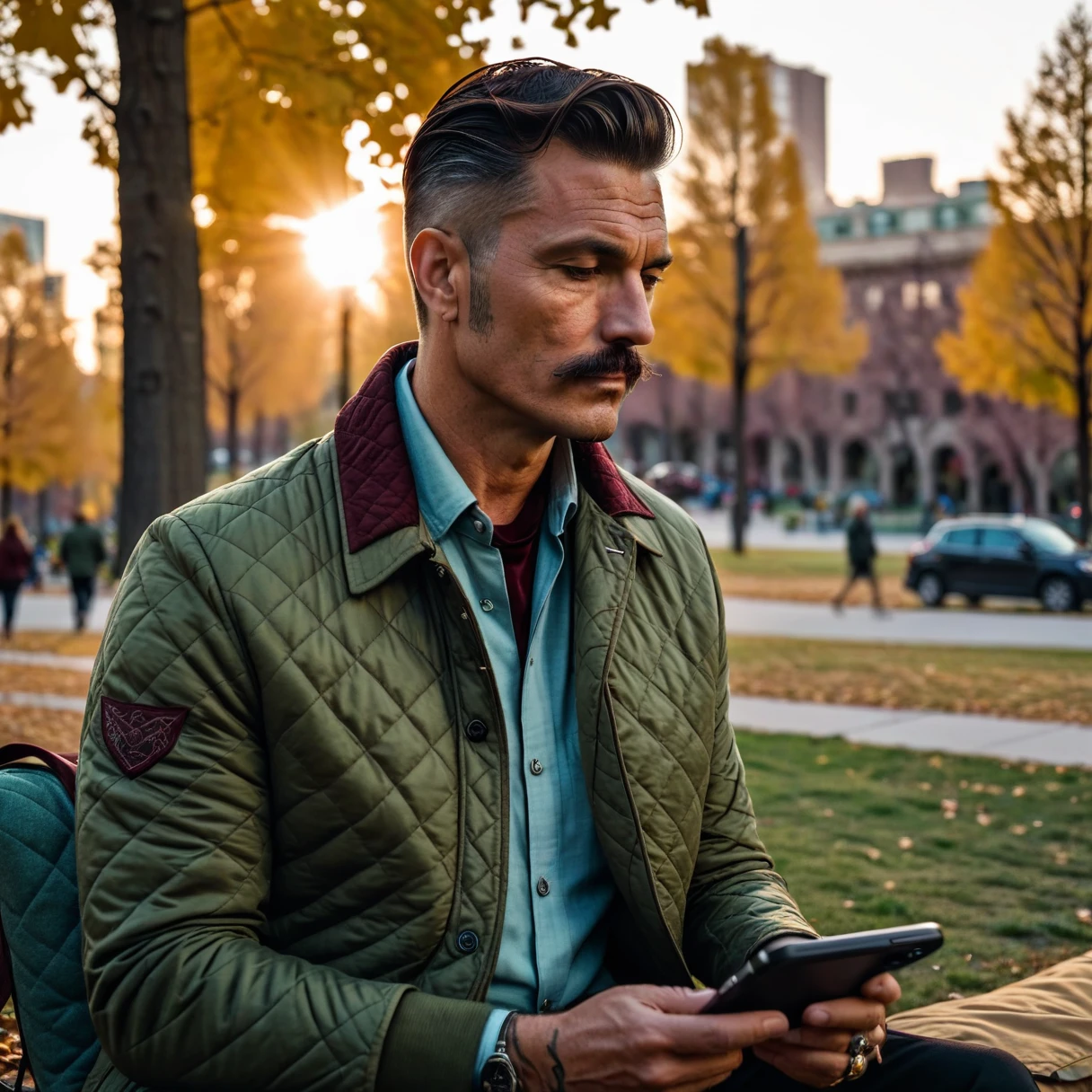 photorealistic, cinematic, raw photo, low angle shot, man, mature, dark brown hair, side part hairstyle with shaved sides, thin mustache, tattoos on head, wearing olive green quilted jacket, light blue shirt, burgundy necktie, sits in park of city, watching in the phone, , autumn, sunrise