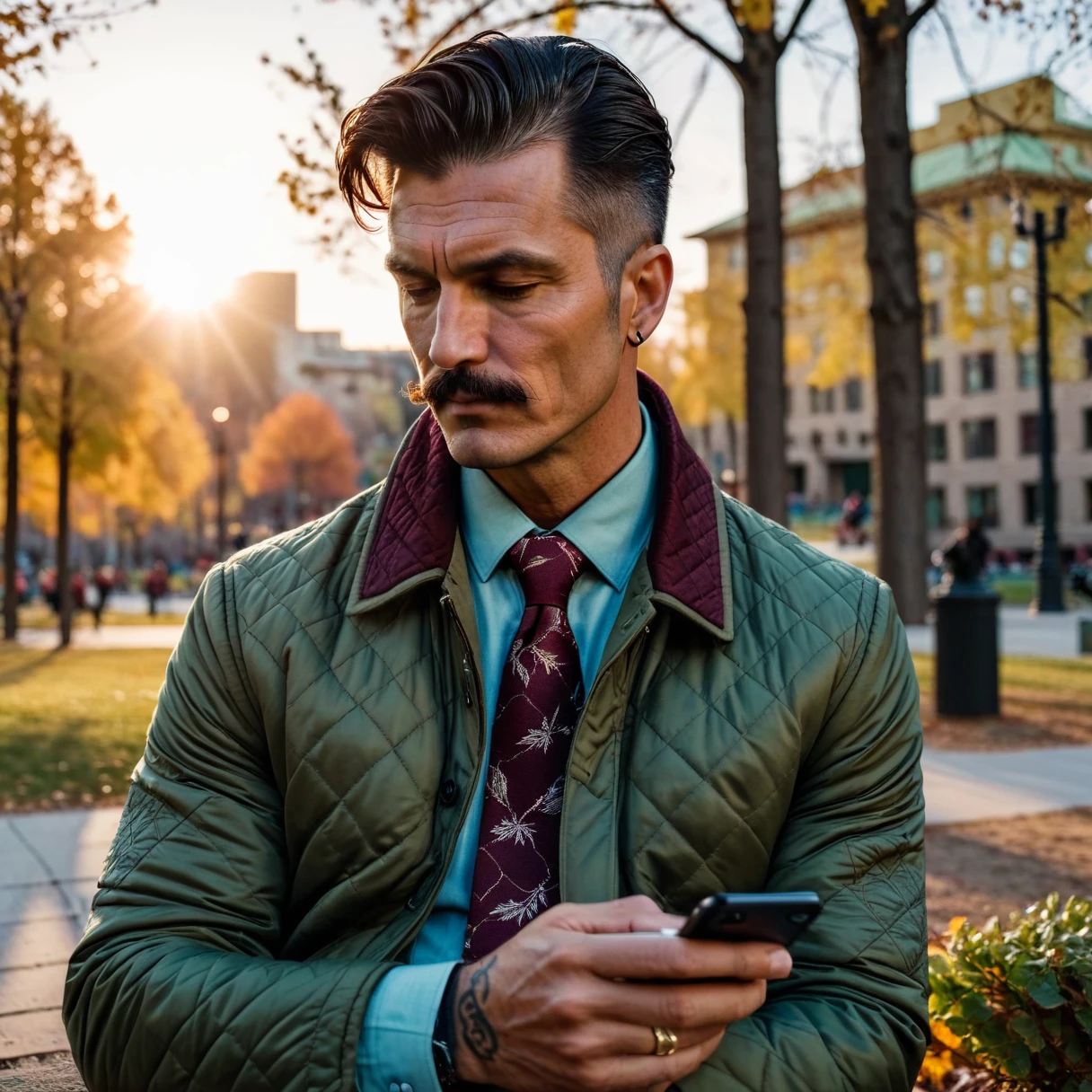 photorealistic, cinematic, raw photo, low angle shot, man, , dark brown hair, side part hairstyle with shaved sides, thin mustache, tattoos on head, wearing olive green quilted jacket, light blue shirt, burgundy necktie, sits in park of city, watching in the phone, , autumn, sunrise