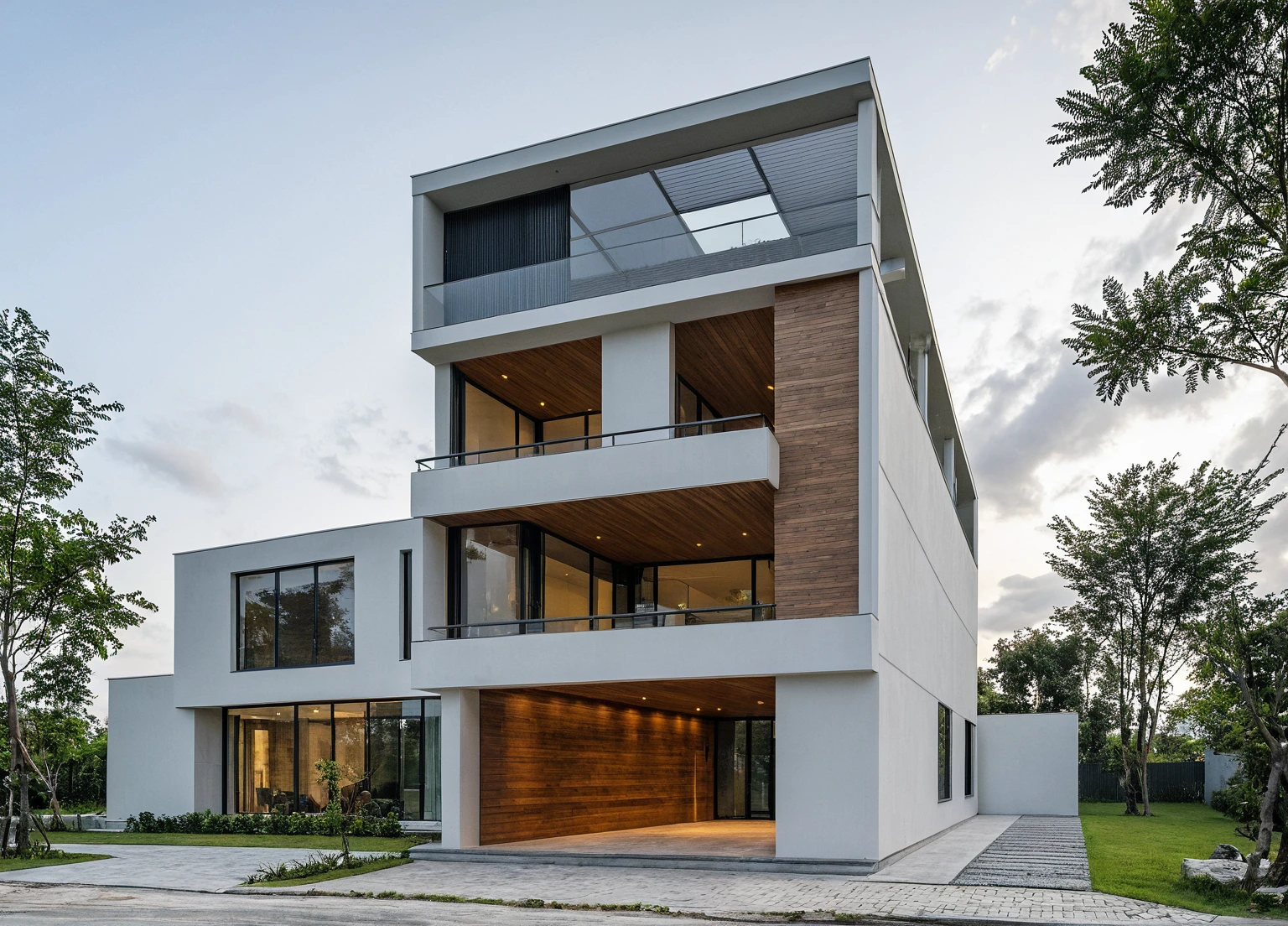 Masterpiece, high quality, best quality, authentic, super detail, outdoors, onestoreyvillaXL, aiaigroup, house style modern on the street ,stairs, white wall ,road,pavement, grass, trees, sky, cloud, (daylight:1.1)
