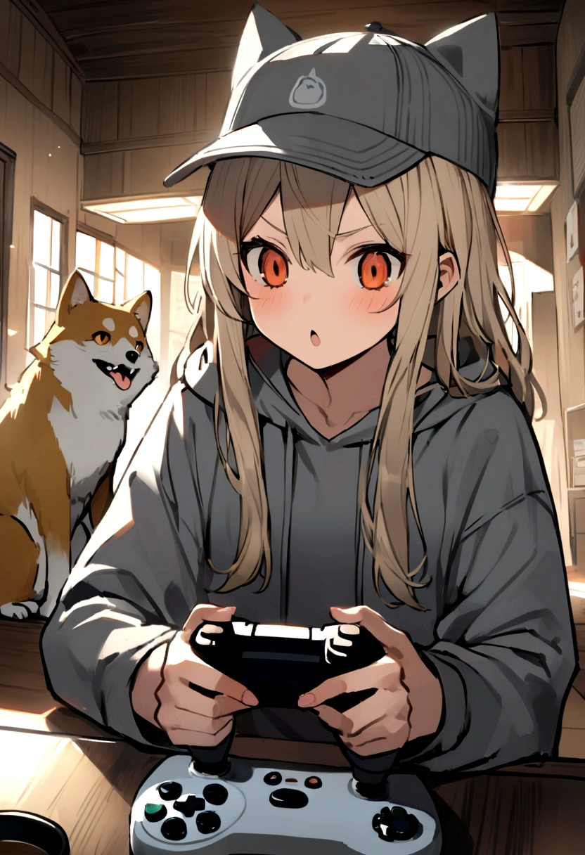 Wolf Hair、Orange Eyes、Light pink mouth、Long eyeliner、I like Shiba Inu, Cat, Have a game controller.、He is wearing a gray hoodie and a gray hat....Beige long hair。