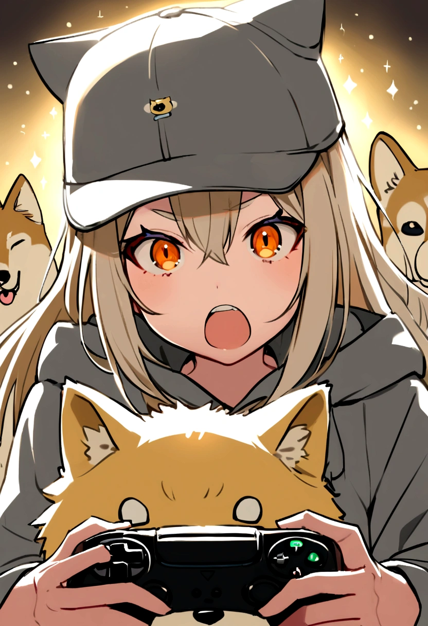 Wolf Hair、Orange Eyes、Light pink mouth、Long eyeliner、I like Shiba Inu, Cat, Have a game controller.、He is wearing a gray hoodie and a gray hat....Beige long hair。