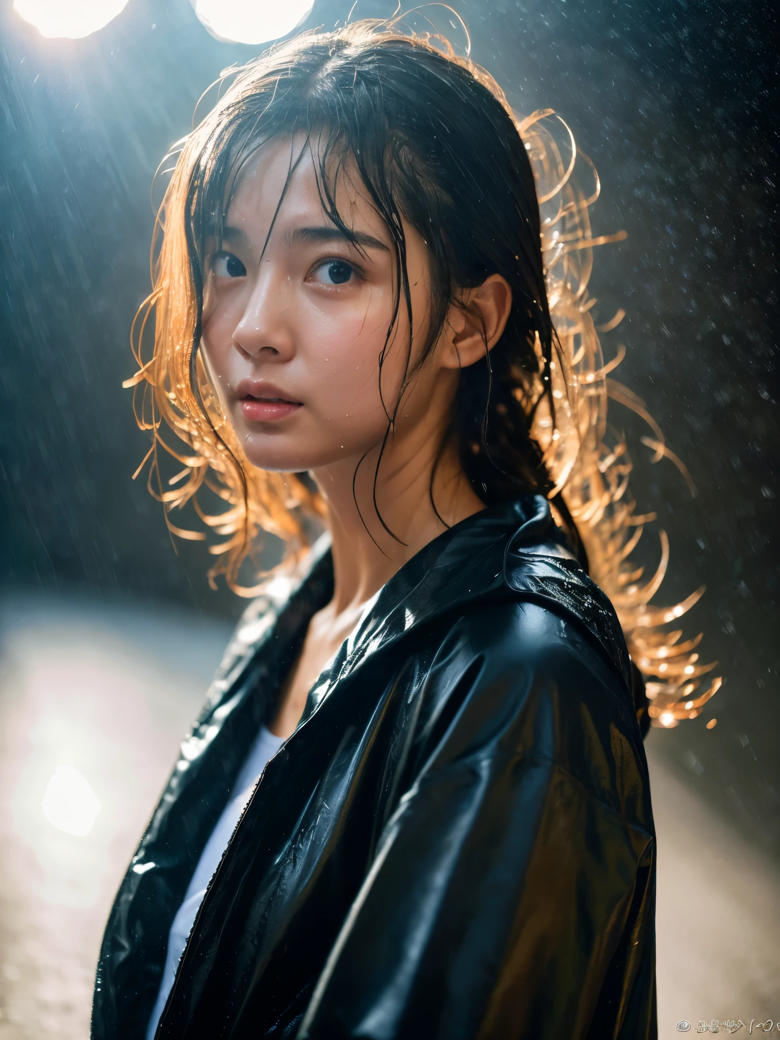 Wet roads ,drenched, Dripping, Wet Face,Wet clothes, Wet Skin, Wet Hair,A young woman with a cute face like an idol,chest,((Daytime)),(Cinema lighting),(Natural light),(High level of artistry),(Artistic),RAW Photos,Genuine,Genuine,High resolution,RAW Photos,masterpiece, beautiful