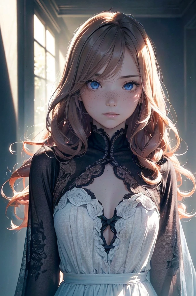 ((1 Female, 1 person, Solitary) Alice, Humanity, Long curly blond hair, blue eyes, freckle, ager, 18 years, Rebirth_ongoing) (Main Part, Super detailed, 8K, (HD, Sunlight:0.5, Soft_shadow:0.5, atmosphere_light, 8K, 4K, Surrealism, elegant, ((((Appearance)))), Soft Ton, 柔和的light))(((Dark, Chiaroscuro)))