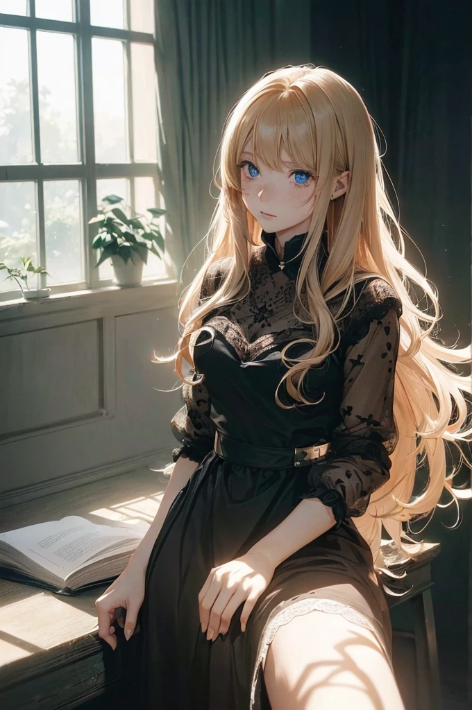 ((1 Female, 1 person, Solitary) Alice,  Humanity, Long curly blond hair, blue eyes, freckle, ager, 18 years, Rebirth_ongoing) (Main Part, Super detailed, 8K, (HD, Sunlight:0.5, Soft_shadow:0.5, atmosphere_light, 8K, 4K, Surrealism, elegant, ((((Appearance)))), Soft Ton, 柔和的light))(((Dark, Chiaroscuro)))