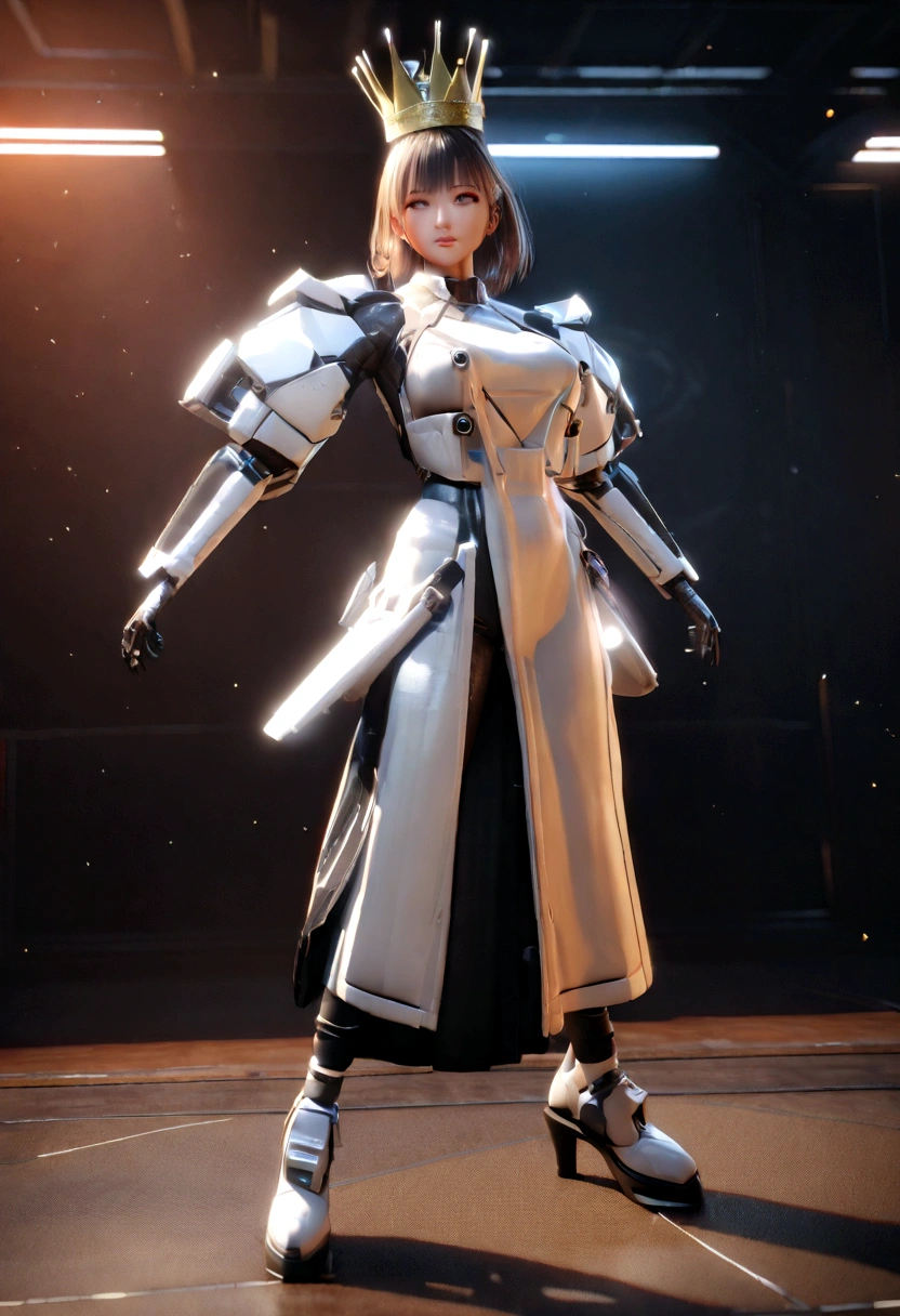 (best quality)), ((masterpiece)), (Very detailed: 1.3), 3d, Mech Master, Beautiful cyberpunk woman wearing a crown, Comes with chef-style armor, sci-fi tech, Human Development Report (High Dynamic Range), Ray Tracing, nvidia RTX, Super Resolution, Unreal 5, Subsurface scattering, PBR Textures, Post-Processing, Anisotropic filtering, Depth of Field, Maximum Acutance and Acutance, Multi-layered textures, Specular and albedo mapping, Surface Shading, Accurately simulate the interaction of light and matter, Perfect proportion, Octane Rendering, Two-tone lighting, Low ISO, red balance, Rule of Thirds, Large aperture, 8K Native, High-efficiency sub-pixel, Sub-pixel convolution, Light Particles, Light Scattering, Tyndall effect, Very sexy, whole body, Fighting Stance, Silver braided hair,