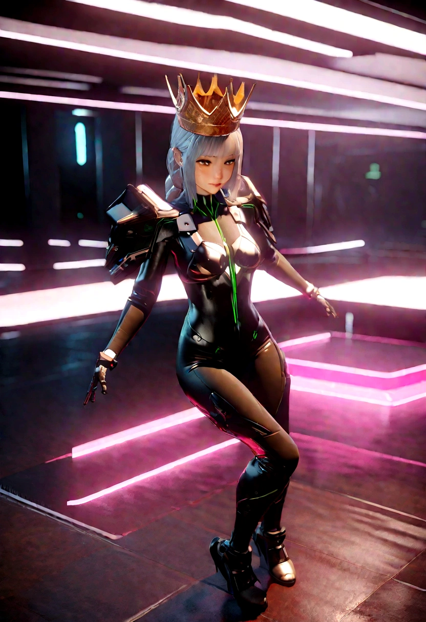 (best quality)), ((masterpiece)), (Very detailed: 1.3), 3d, Mech Master, Beautiful cyberpunk woman wearing a crown, Comes with chef-style armor, sci-fi tech, Human Development Report (High Dynamic Range), Ray Tracing, nvidia RTX, Super Resolution, Unreal 5, Subsurface scattering, PBR Textures, Post-Processing, Anisotropic filtering, Depth of Field, Maximum Acutance and Acutance, Multi-layered textures, Specular and albedo mapping, Surface Shading, Accurately simulate the interaction of light and matter, Perfect proportion, Octane Rendering, Two-tone lighting, Low ISO, red balance, Rule of Thirds, Large aperture, 8K Native, High-efficiency sub-pixel, Sub-pixel convolution, Light Particles, Light Scattering, Tyndall effect, Very sexy, whole body, Fighting Stance, Silver braided hair,