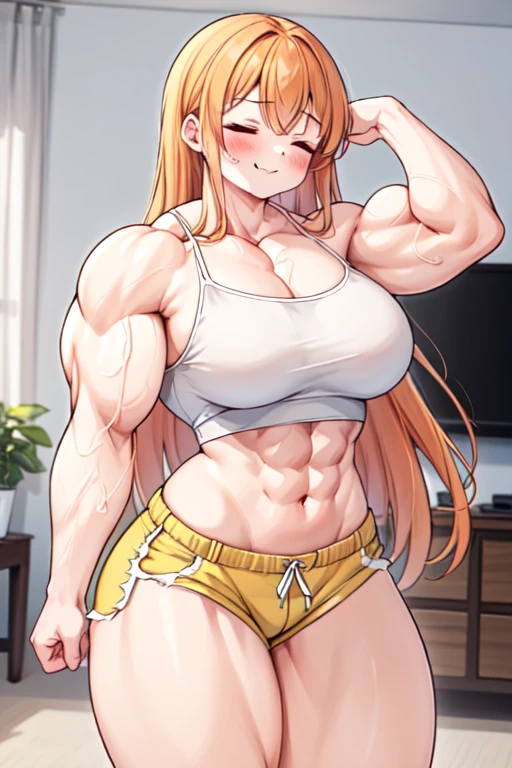 ((best quality)), ((masterpiece)), (detailed), (perfect anatomy), (exquisite clothing);
1girl, solo, living room, afternoon, flexing biceps;
Perfect face, orange hair, very long hair, fanged bangs, sidelocks, blushing, closed eyes, smug, smirk;
Tall, mature, bulky, deltoids, trapezius, large breasts, thick arms, biceps, triceps, covered navel, abs, wide hips, long legs thick thighs, glutes, quads, lats, hamstrings; 
(White camisole), (yellow shorts).