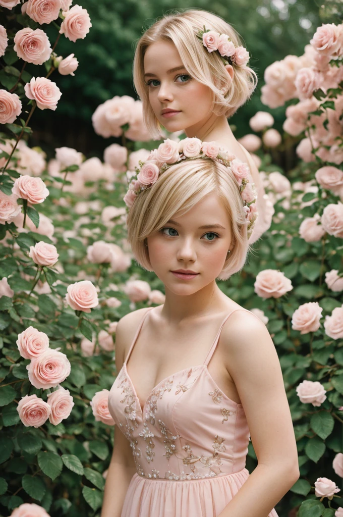 8K, photo and gross, fujifilm, Style photography of a beautiful young girl like Avril in a light pink rose garden. (very detailed skin: 1.2) Style-Petal BREAK short hair, blonde hair with colored highlights, wearing a dress, film grain, 35mm, beautiful style