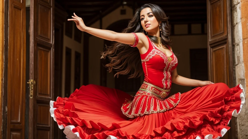A Spanish woman dancing flamenco, The background is Andalusia, Spain、Perfect Face、Beautiful Face