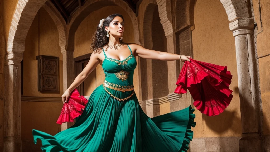 A Spanish woman dancing flamenco, The background is Andalusia, Spain、Perfect Face、Beautiful Face