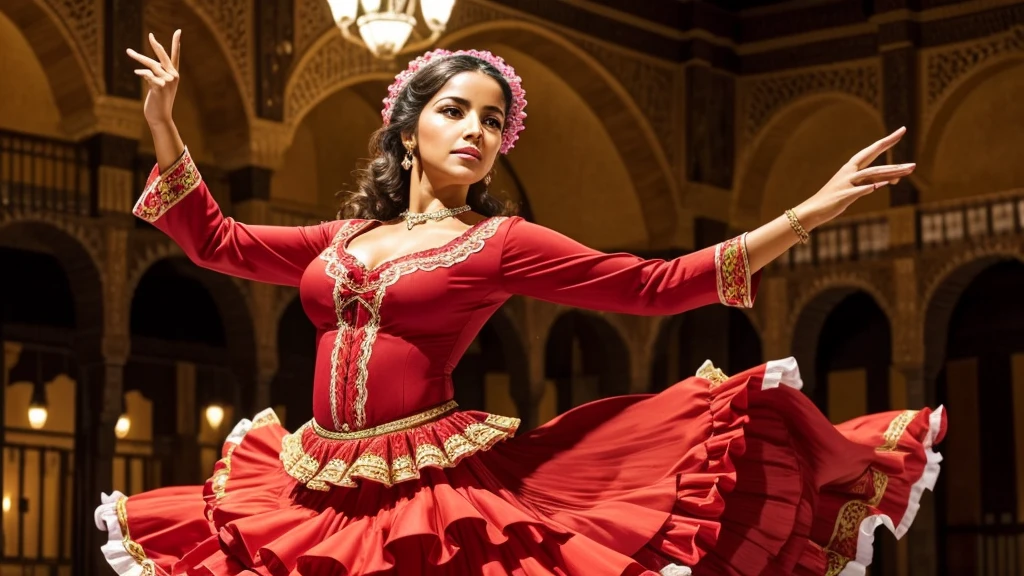 A Spanish woman dancing flamenco, The background is Andalusia, Spain、Perfect Face、Beautiful Face
