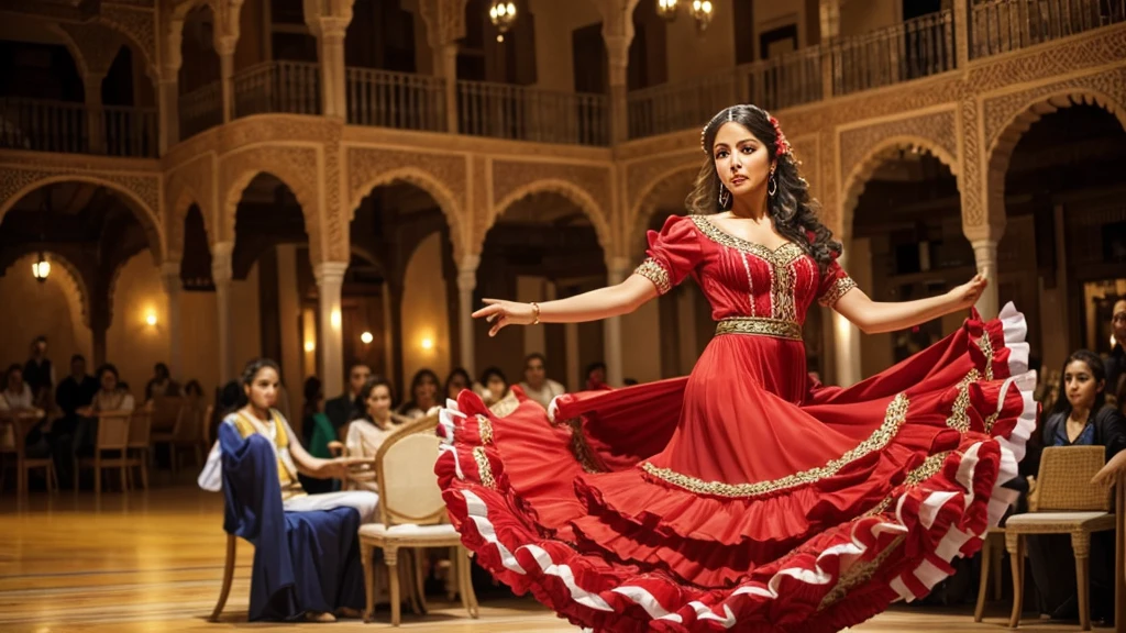 A Spanish woman dancing flamenco, The background is Andalusia, Spain、Perfect Face、Beautiful Face