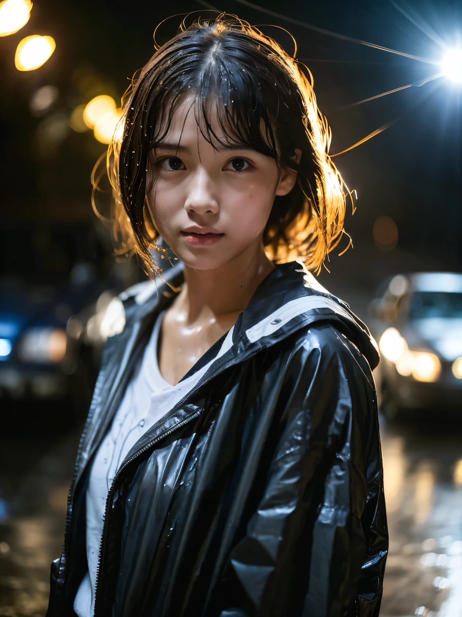 Wet roads ,drenched, Dripping, Wet Face,Wet clothes, Wet Skin, Wet Hair,A young woman with a cute face like an idol,chest,((Daytime)),(Cinema lighting),(Natural light),(High level of artistry),(Artistic),RAW Photos,Genuine,Genuine,High resolution,RAW Photos,masterpiece, beautiful