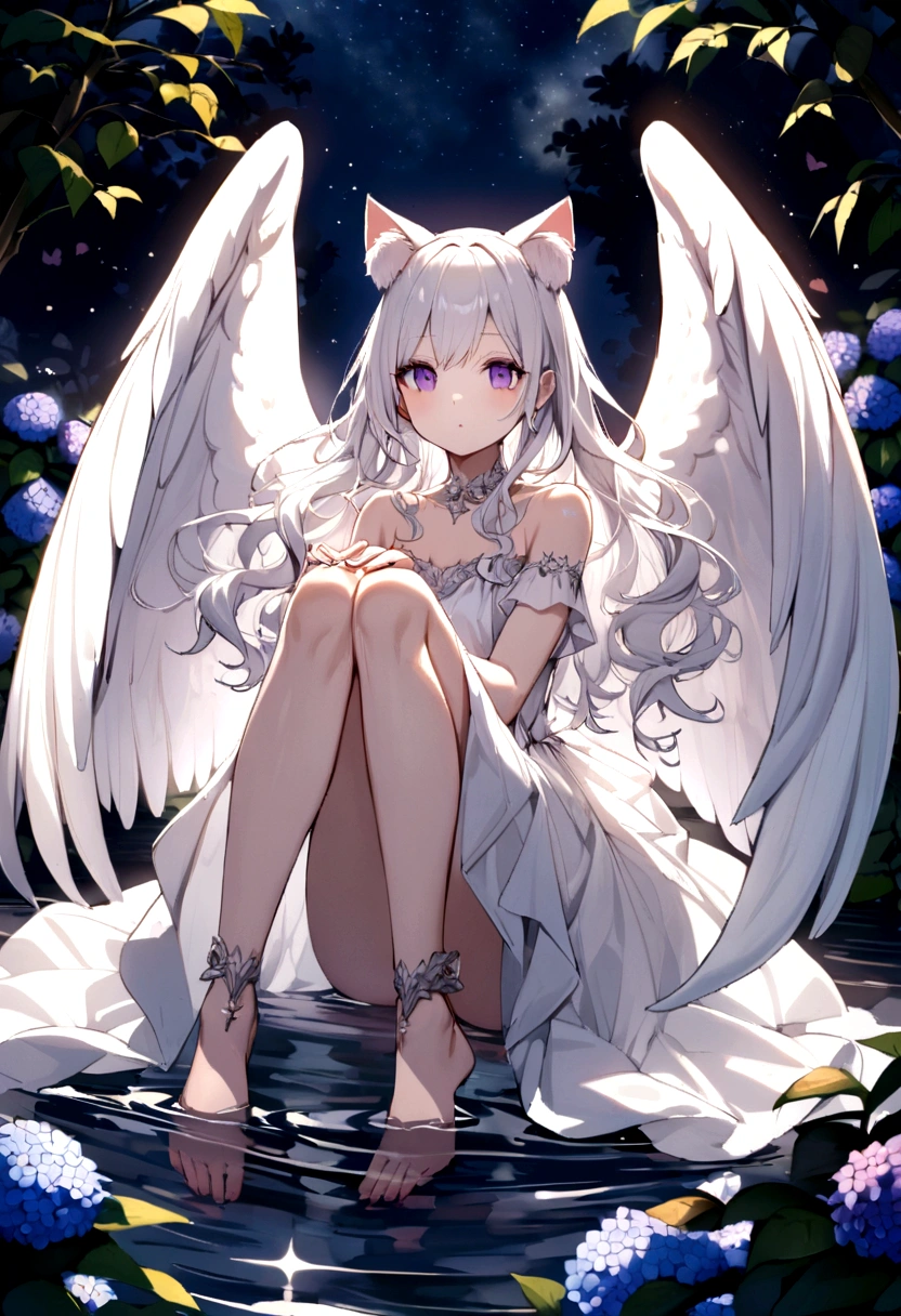 A delicate and elegant girl, Long wavy hair that reaches the knees,White hair is very attractive.., Detailed and precise manual work, Attractive girl, White cat ears, look at me, Purple eyes and white eyelashes,Her cheeks turned red,Big angel wings,On the water, A subject that stands out against the dark night sky,A lot of hydrangea, White Dress, Dramatic moonlight that makes your subject stand out, barefoot,Ankle decoration,Floating。