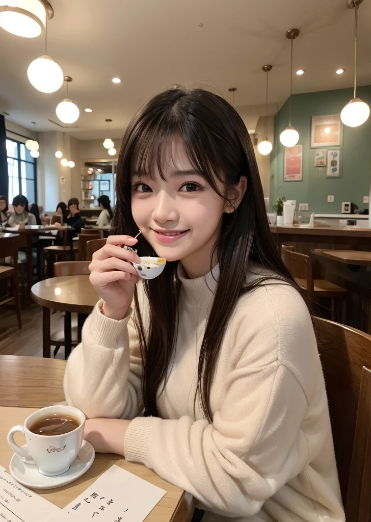 (Realistic, photo-Realistic:1.37),(8K, RAW Photos, Highest quality, masterpiece:1.2), cute, Ultra-detailed, 超High resolution, Kodak Vision Color, Filmed with an Arricam LT camera,Highest quality, Lively, 8K, High resolution, 1 girl, Escape, (Professional Lighting), (Portraiture:0.6), Black Hair, (Medium Hair),21 years old、slender、Sitting on a chair in a café、Drinking tea、 Eat a donut、Pastel color wallpaper、cuteカフェ、Long Hair, Modern photography, wear (bear costume), (Portraiture), cutebear costumeに身をつけて, Super soft light brown plush fabric, debtわdebtわフード, cuteクマの頭巾, (35mm, debt/2.8) Photo , Aperture, Highly detailed and exquisite, character, Hypermaximalist, beautiful, reveal, Charm, Charm, Affectionate, Ultra-realistic, Very detailed, beautiful woman, ((Fine grain)), Long eyelashes, (Glossy Lips), laugh、