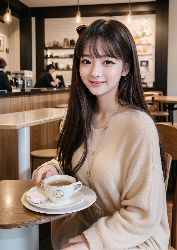 (Realistic, photo-Realistic:1.37),(8K, RAW Photos, Highest quality, masterpiece:1.2), cute, Ultra-detailed, 超High resolution, Kodak Vision Color, Filmed with an Arricam LT camera,Highest quality, Lively, 8K, High resolution, 1 girl, Escape, (Professional Lighting), (Portraiture:0.6), Black Hair, (Medium Hair),21 years old、slender、Sitting on a chair in a café、Drinking melon soda、With a straw in your mouth、Pastel color wallpaper、cuteカフェ、Long Hair, Modern photography, wear (bear costume), (Portraiture), cutebear costumeに身をつけて, Super soft light brown plush fabric, debtわdebtわフード, cuteクマの頭巾, (35mm, debt/2.8) Photo , Aperture, Highly detailed and exquisite, character, Hypermaximalist, beautiful, reveal, Charm, Charm, Affectionate, Ultra-realistic, Very detailed, beautiful woman, ((Fine grain)), Long eyelashes, (Glossy Lips), laugh、