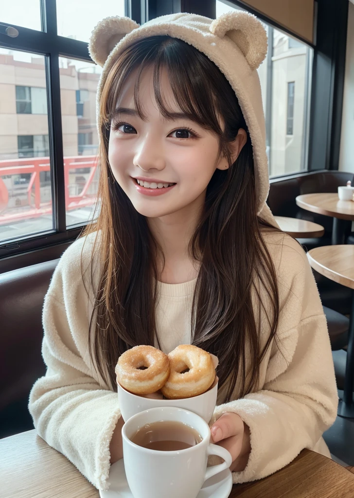 （Realistic, photo-Realistic:1.37),(8K, RAW Photos, Highest quality, masterpiece:1.2), cute, Ultra-detailed, 超High resolution, Kodak Vision Color, Filmed with an Arricam LT camera,Highest quality, Lively, 8K, High resolution, 1 girl, Escape, (Professional Lighting), (Portraiture:0.6), Black Hair, (Medium Hair）,21 years old、slender、Sitting on a chair in a café、Drinking tea、 Eat a donut、Pastel color wallpaper、cuteカフェ、Long Hair, Modern photography, wear (bear costume), (Portraiture), cutebear costumeに身をつけて, Super soft light brown plush fabric, debtわdebtわフード, cuteクマの頭巾, (35mm, debt/2.8) Photo , Aperture, Highly detailed and exquisite, character, Hypermaximalist, beautiful, reveal, Charm, Charm, Affectionate, Ultra-realistic, Very detailed, beautiful woman, ((Fine grain)), Long eyelashes, (Glossy Lips),  laugh、