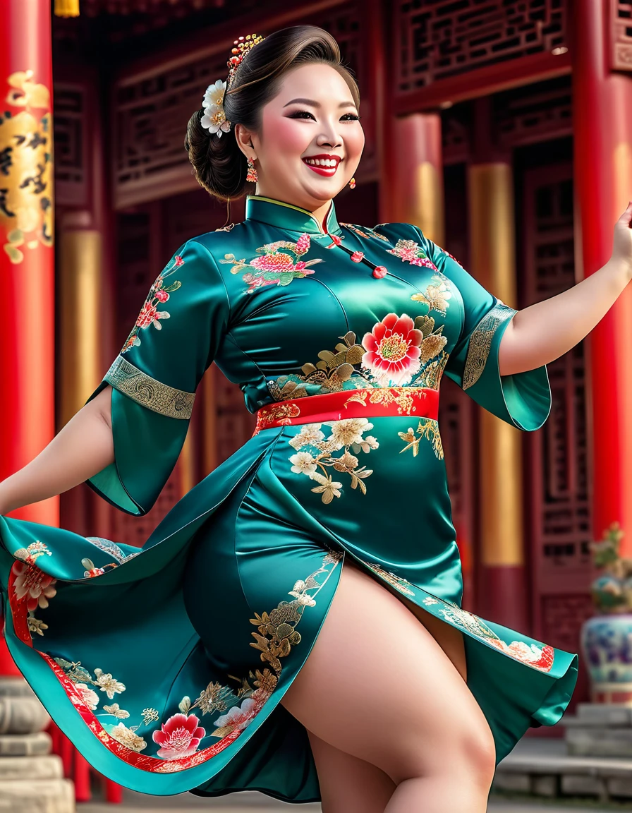 photorealistic portrait of a (plus size) beautiful dancer,(bewitching), (dynamic dancing:2.0), (swinging arms :2.0),(happy smile:1.5),high quality,(happy),(lovely) ,intricate details, (accessories), highly detailed (( Cheongsam)) ,highly detailed thicc thigh, Wearing Cheongsams, , (happy), soft lighting,(full body image:1.5),Chinese palace background,(viewed from side:2.0),