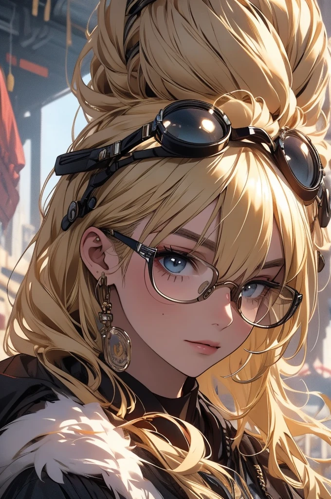 Close up portrait of woman in purple costume reading a book,Date glasses、It has horns like sheep、Wearing a necklace、Wearing headphones in your ears、hard rock、Wearing a camisole、Wearing a skirt with a black belt、Little devil composition、short-cut、With sleeves、Shoulder out、Wearing boots that show the navel、Paleo wearing、singers、Double teeth are visible、Long skirt、Portrait up to the chest、huge tit、makina、teens girl、Arm、cyborgs、