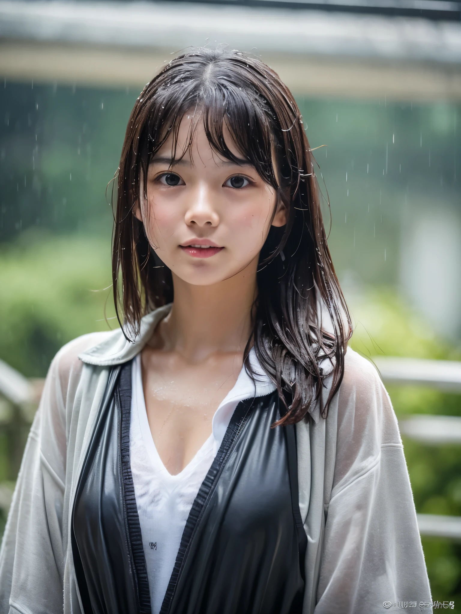 Wet roads ,drenched, Dripping, Wet Face,Wet clothes, Wet Skin, Wet Hair,A young woman with a cute face like an idol,chest,((Daytime)),(Natural light),(High level of artistry),(Artistic),RAW Photos,Genuine,Genuine,High resolution,RAW Photos,masterpiece, beautiful
