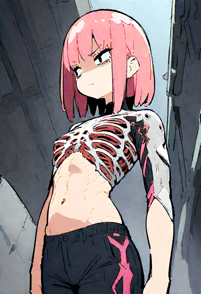 Anime Girls、Toned Abs、belly button、slender、Highest quality、masterpiece、alone、Black and pink multicolored hair、Medium Hair、Sulky face、Short top、bugs under eyes、rib cage、Narrow waist