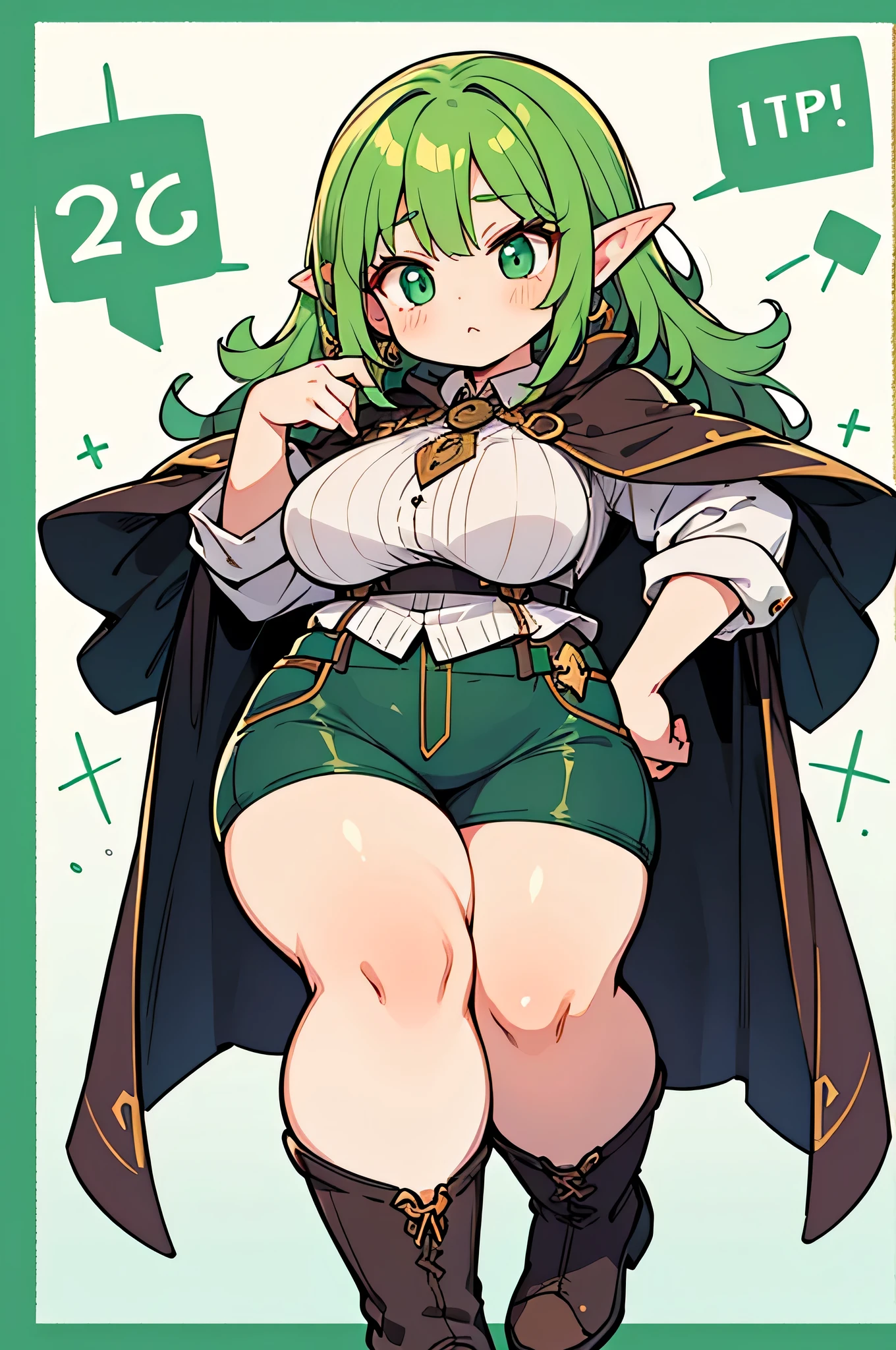 A short green-skinned goblin girl with a bit of pudge around her middle, thick thighs, skimpy outfit, midget, shortstack, confident expression, hero cape