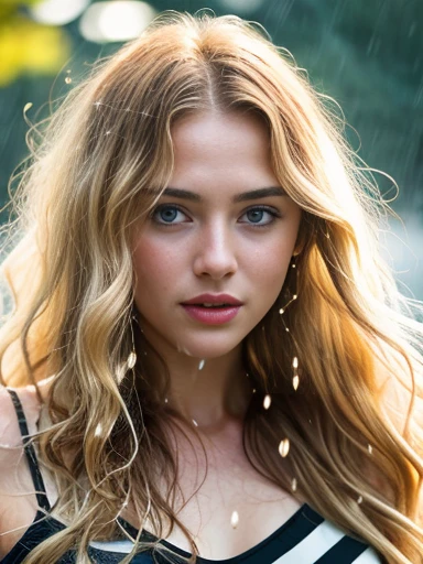 A beautiful woman Vika wearing plunging high detail sexy striped dress, (erotic face:Florence Pugh:0.2), (skin texture:1.1), (skin pores:1.2), (high detail face), (very long curly blonde hair), outside, raining, wet transparent clothes, wet skin, wet hair, masterpiece, best quality, ultra-detailed, analog style, shadows, contrast, Raw photo, by Ellen von Unwerth, Nikon D850, backlight, rimlighting (warm hue, warm tone:1.2), high detailed realistic hands