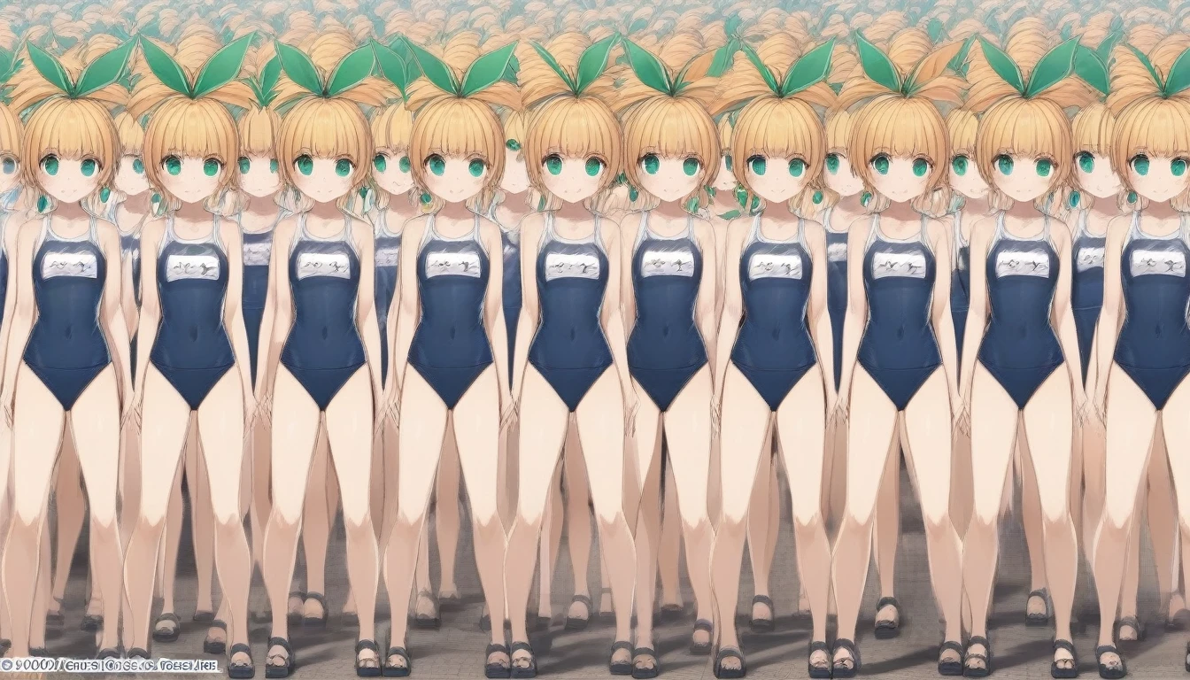 Short stature,flat chest,clone girls,extremely number of clone girls, blond hair, green eyes,roll(mega man classic),swimsuit roll(mega man x dive old design),high ponytail hair,Sleeveless navy one piece old type school swimsuit with white stripes from armpit to flank,white name tag, navy heeled sandals, green ribbon,human appearance,same height,same appearance, same face,fill the entire image, absolutely everyone, many clone, masterpiece, best quality,insanely detailed, 20000+ clone girls, perfect features,multiple clone girls,same school swimsuit,same hair,official art,girls only,extremely full of extremely crammed,huge crowd,densely packed