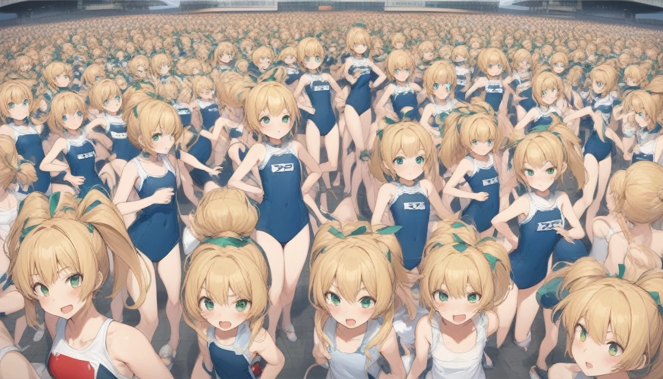 Short stature,flat chest,clone girls,extremely number of clone girls, blond hair, green eyes,roll(mega man classic),swimsuit roll(mega man x dive old design),high ponytail hair,Sleeveless navy one piece old type school swimsuit with white stripes from armpit to flank,white name tag, navy heeled sandals, green ribbon,human appearance,same height,same appearance, same face,fill the entire image, absolutely everyone, many clone, masterpiece, best quality,insanely detailed, 20000+ clone girls, perfect features,multiple clone girls,same school swimsuit,same hair,official art,girls only,extremely full of extremely crammed,huge crowd,densely packed